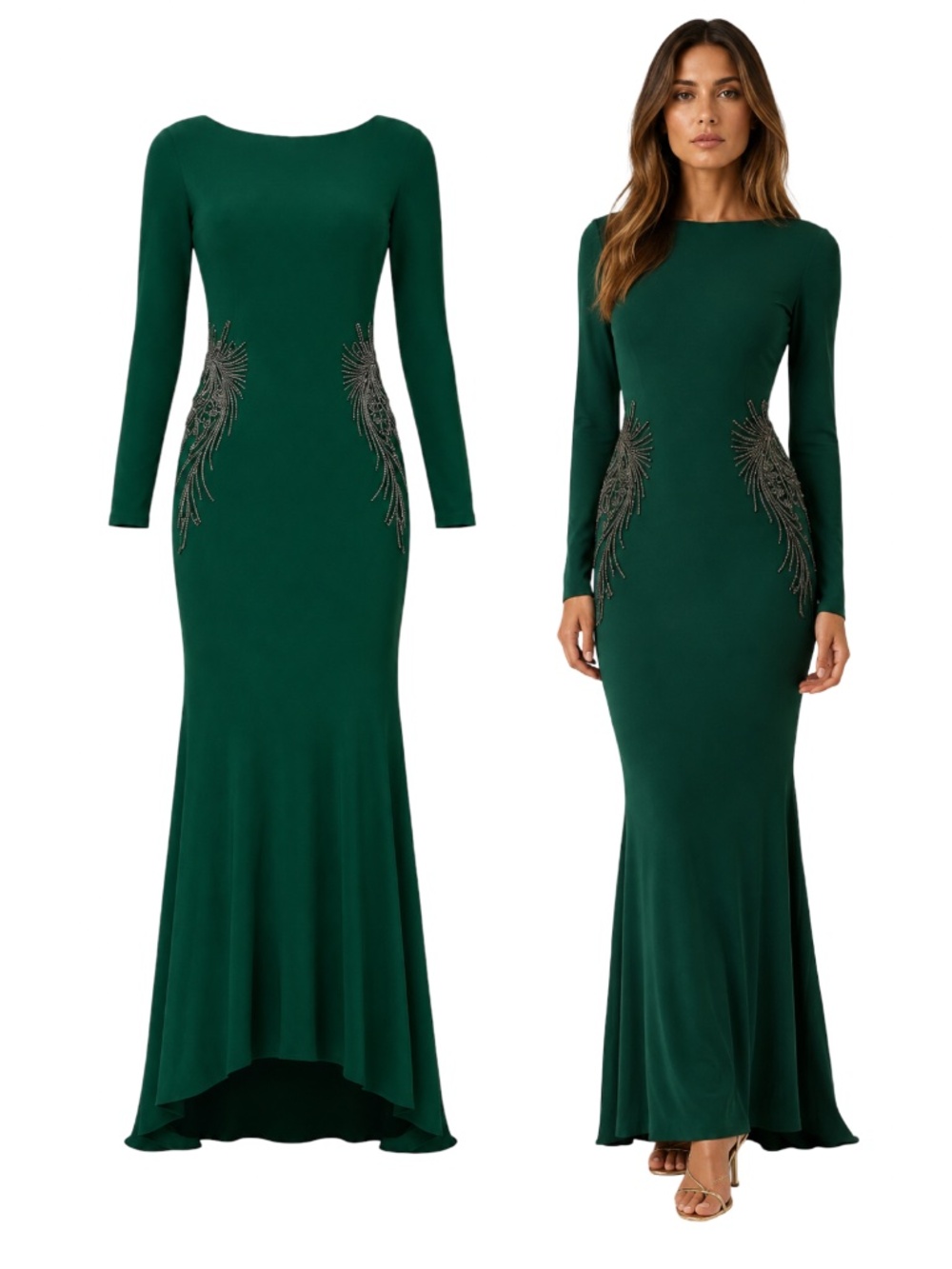 $890 Badgley Mischka Green Beaded Long Sleeve Evening Gown Size 4